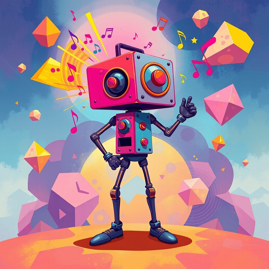 A surreal and imaginative illustration featuring a humanoid character with a speaker for a head, vibrant colors, and an abstract background