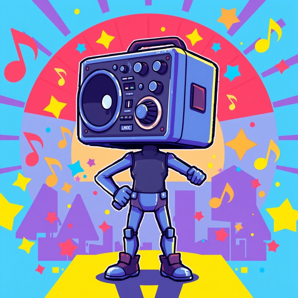 A vibrant 2D pixel art illustration featuring a humanoid character with a speaker for a head