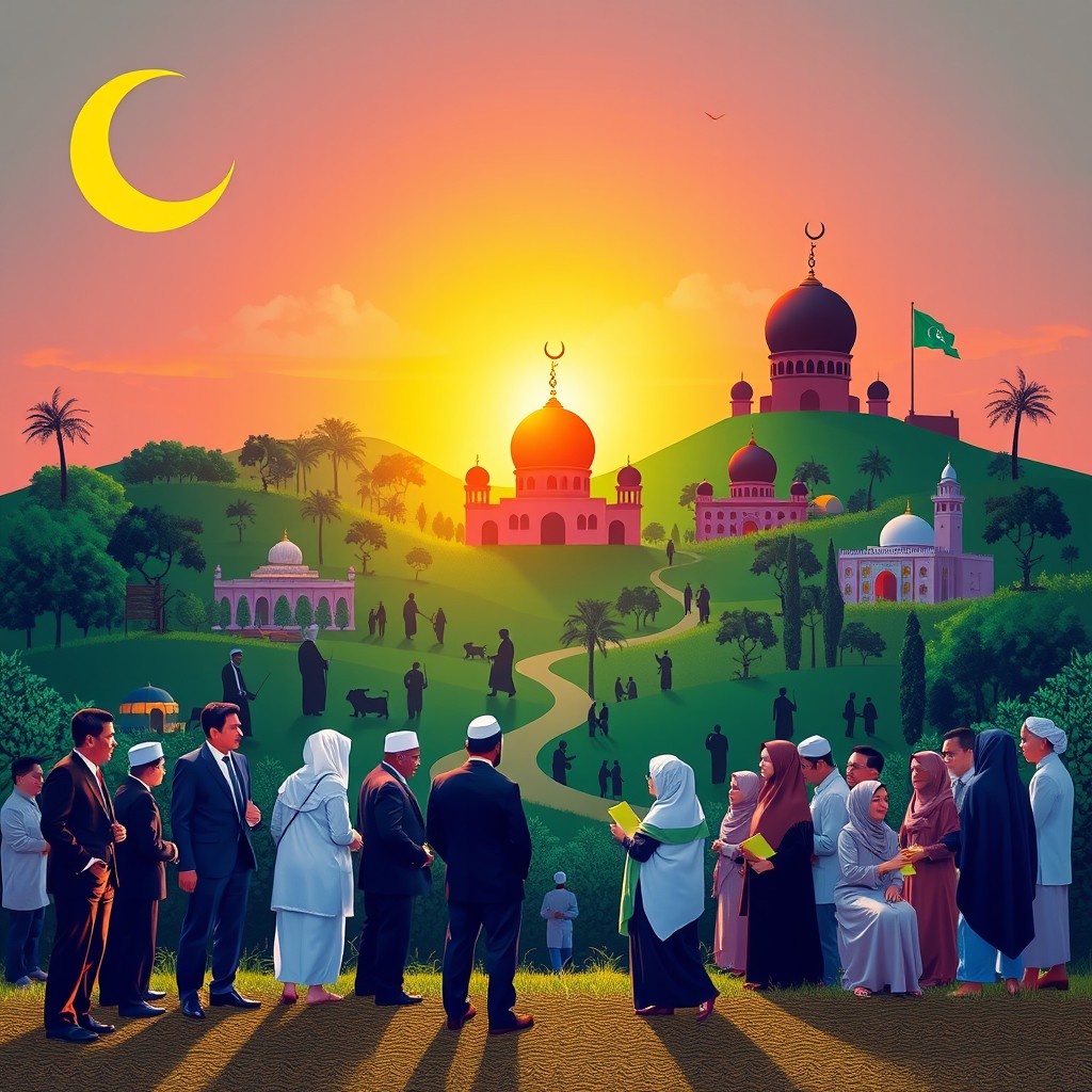 A visually striking and symbolic representation of the Nation of Islam, featuring a lush green landscape with iconic imagery such as the crescent moon and star symbol, elements of Islamic architecture, and vibrant community gathering scenes
