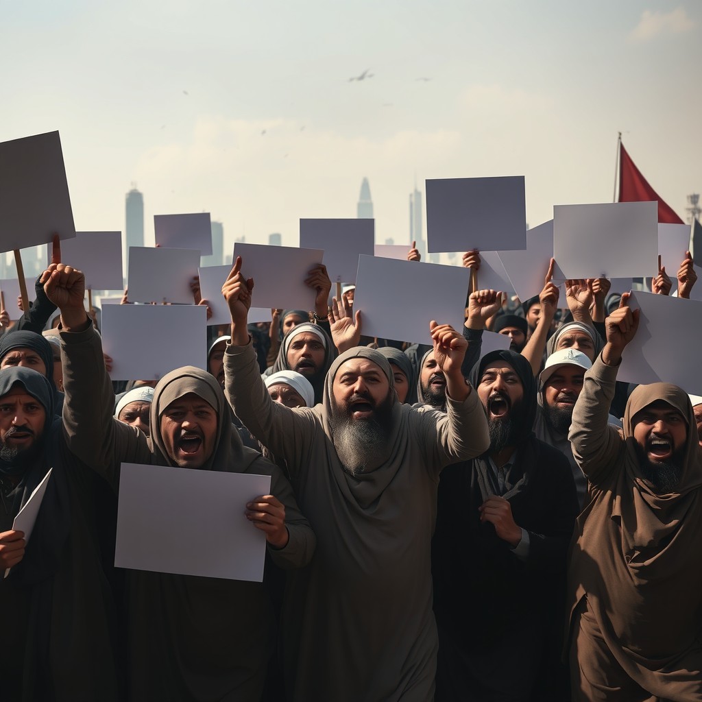 An intense scene depicting an angry mob portraying a diverse group of Muslim extremists with strong facial expressions and body language filled with fury
