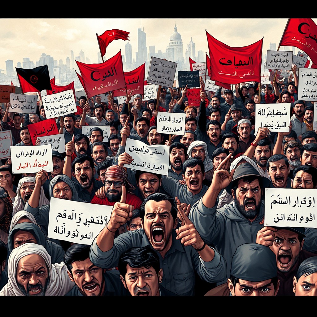 A chaotic scene depicting a large, diverse group of individuals expressing anger and frustration, holding various protest signs and banners