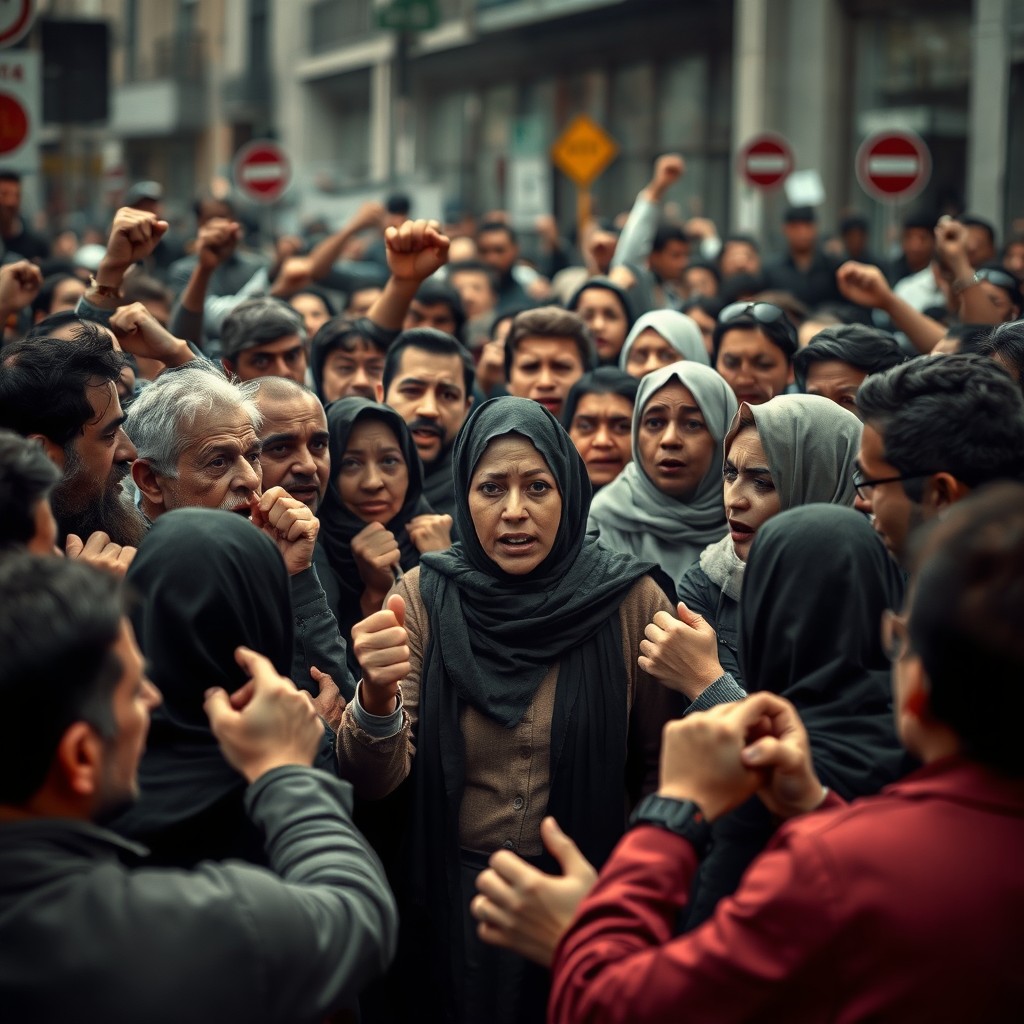 A tense scene depicting an angry mob of men and women, expressing outrage, standing in a tight circle around a frightened woman who is not wearing a hijab
