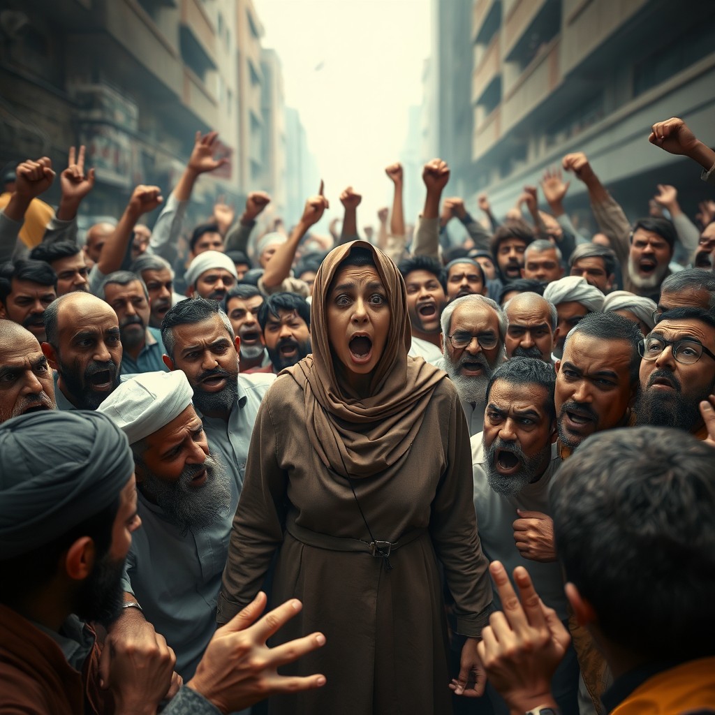 A dramatic scene depicting an angry mob of men expressing outrage, surrounding a terrified woman