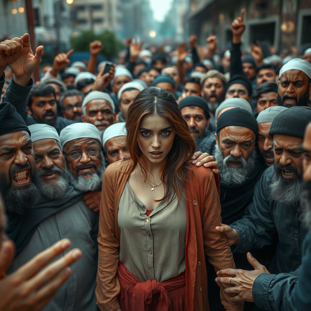 A tense scene portraying an angry mob of Muslim men, expressing frustration and outrage, surrounding a beautiful woman dressed in contemporary Western clothing