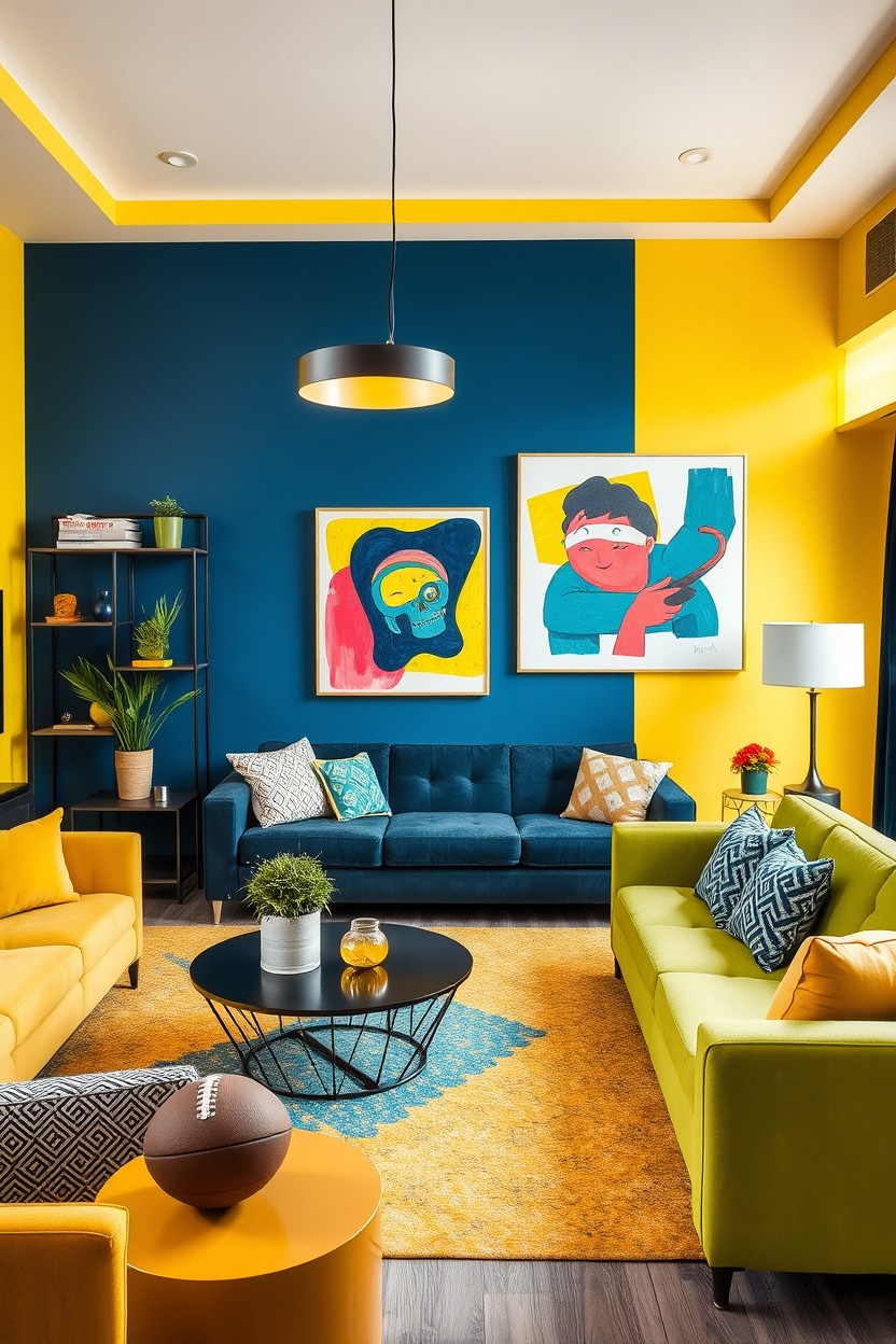 A vibrant living room interior featuring bold and energetic design elements that embody the personality traits of April