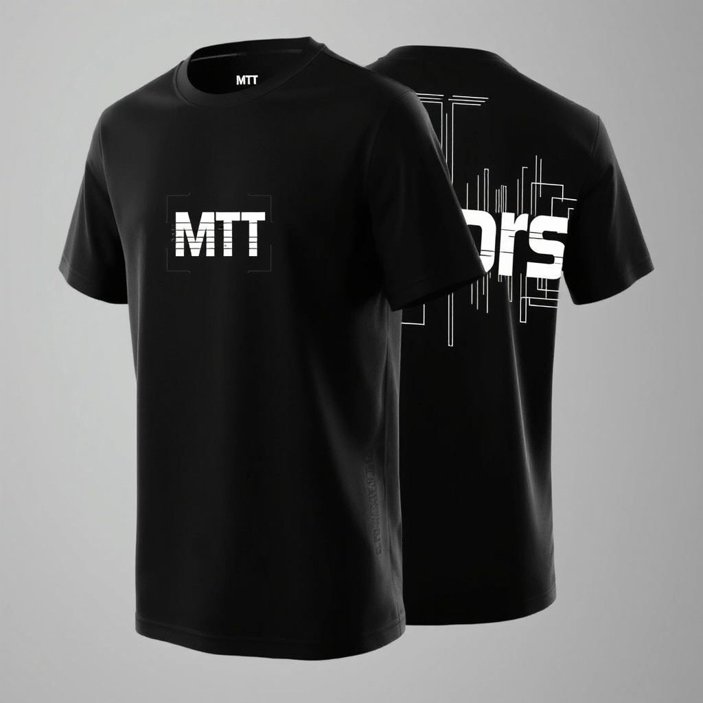 A detailed image showcasing a black urban techwear-style t-shirt, displayed in a neutral studio setting