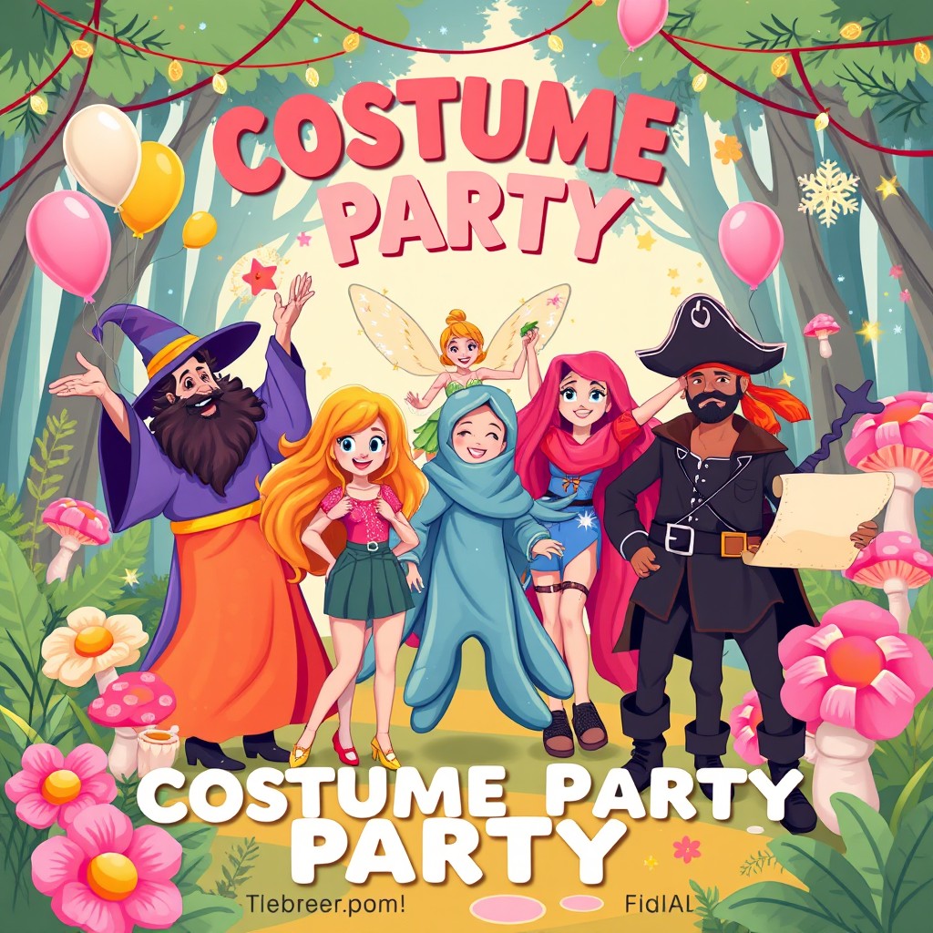 A vibrant and colorful illustration for a costume party flyer, featuring a diverse group of people in imaginative and playful costumes