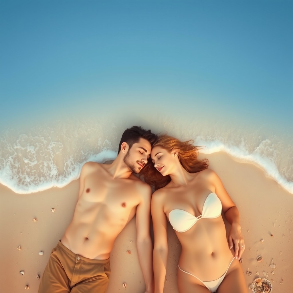 A top view of two lovers lying on a sandy beach, their heads touching softly while their bodies are relaxed