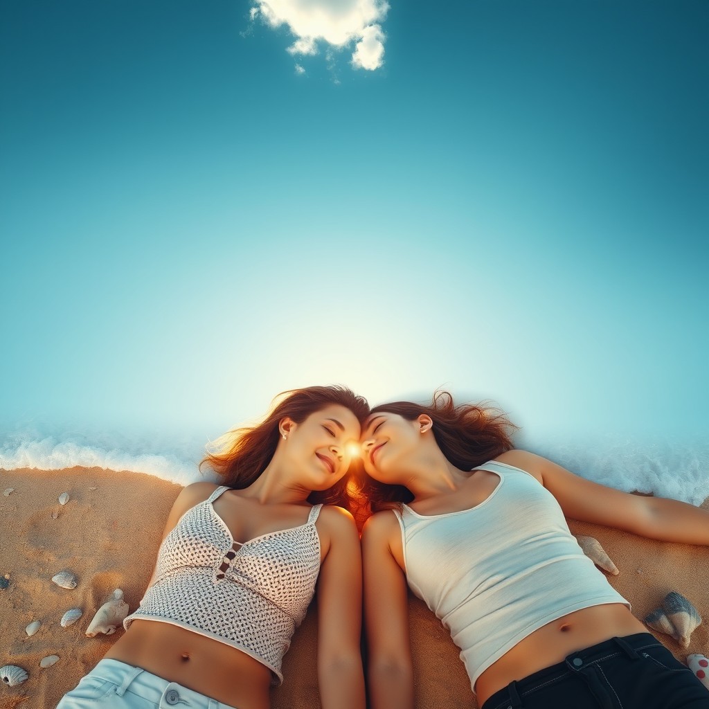 A top view of two lovers lying on a sandy beach, their heads touching gently while wearing casual tops