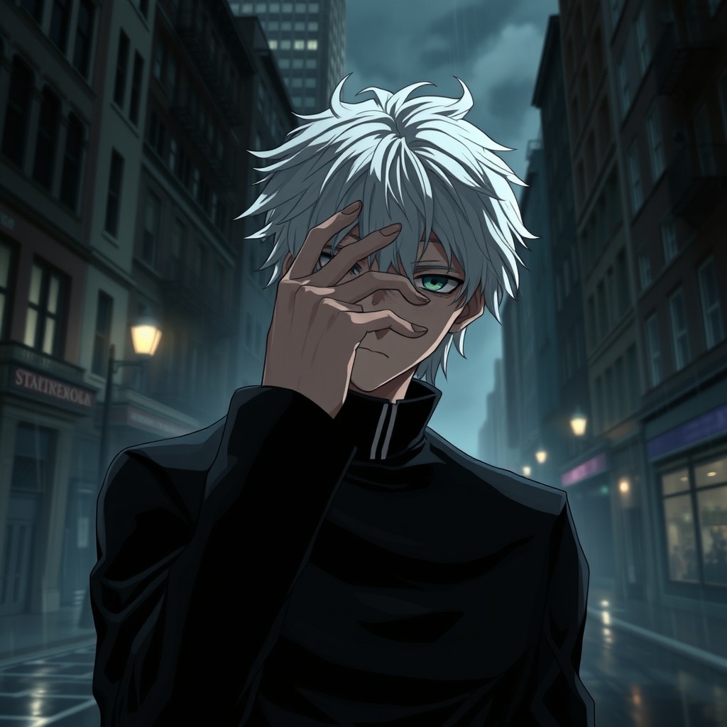 A serious anime character inspired by Satoru Gojo, partially covering his face with one hand