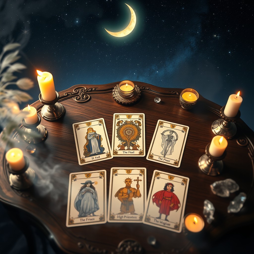 A mystical tarot scene featuring beautifully illustrated tarot cards spread out on an ornate wooden table