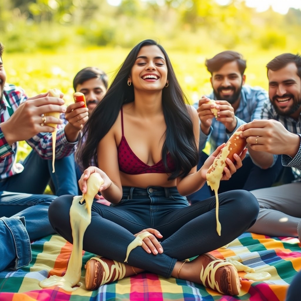 A vibrant and playful scene featuring a young Pakistani woman with a joyful expression, sitting crisscross on a colorful picnic blanket