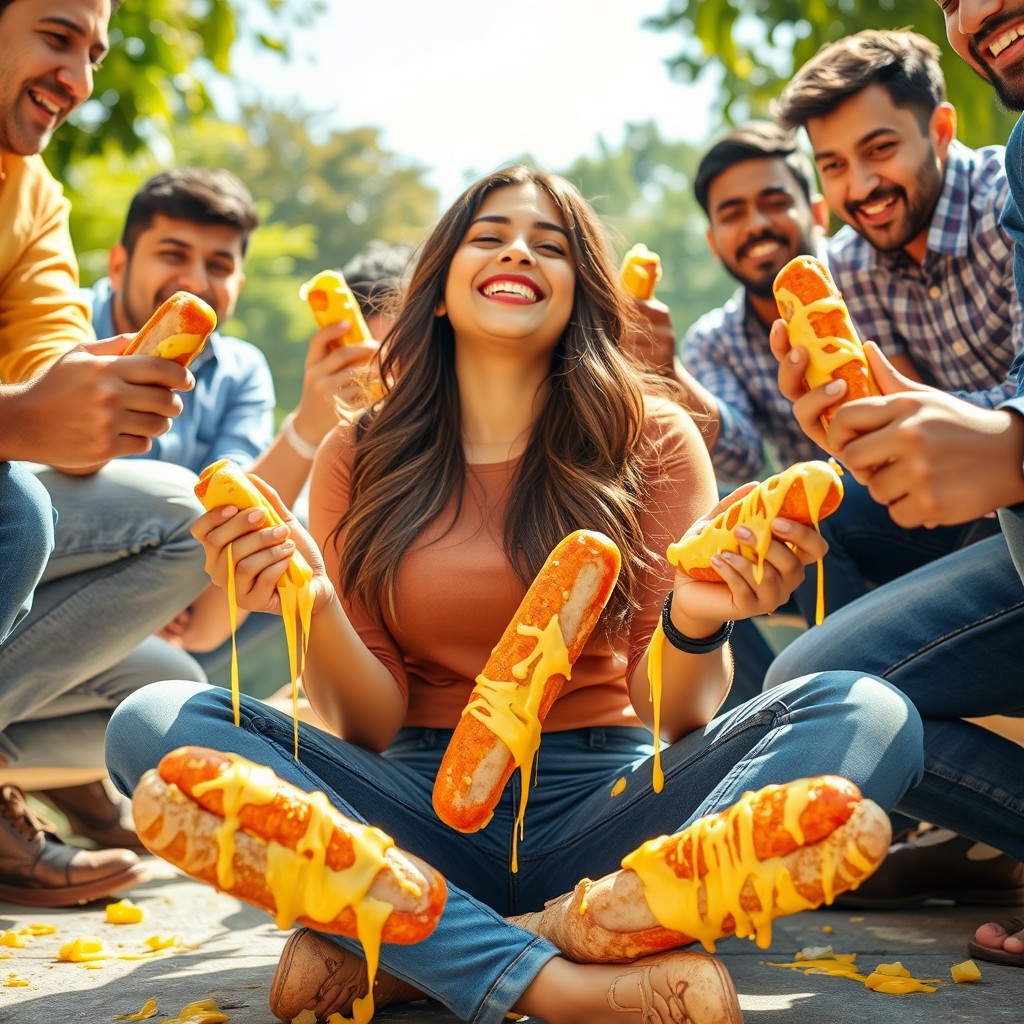 A lively and cheerful scene featuring a young Pakistani woman sitting crisscross with a radiant smile, her eyes closed in joy