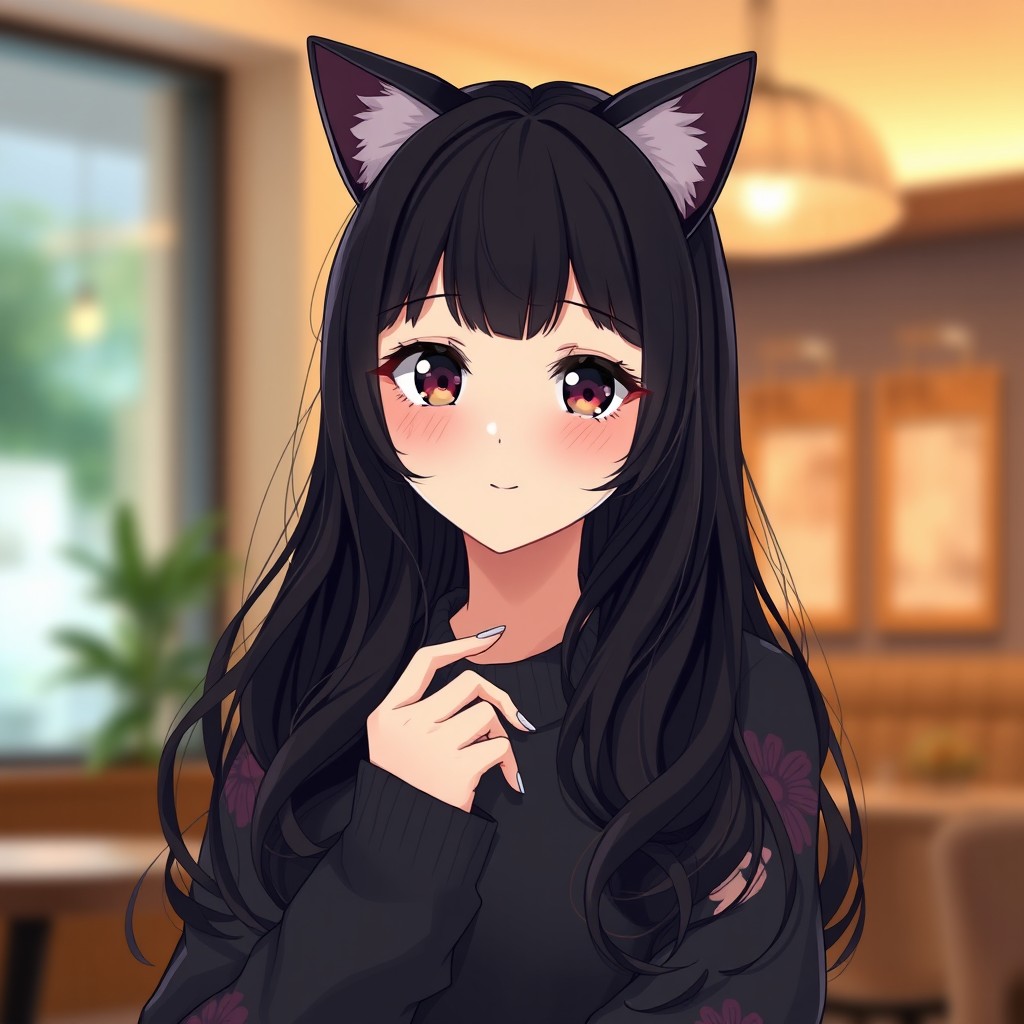 Anime-style portrait of a beautiful girl with long, wavy black hair and soft front bangs