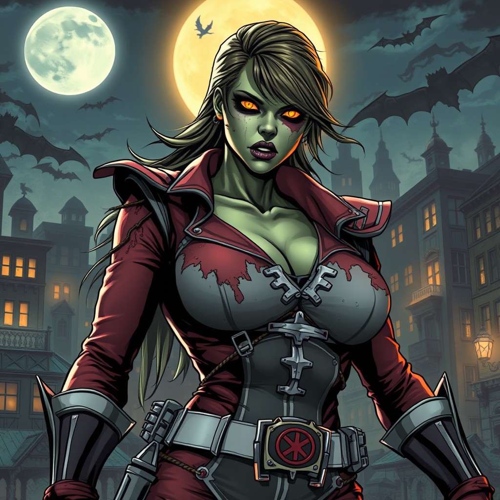 A powerful female zombie Ranger, inspired by comic style, with large bust, wearing a tattered Ranger suit that reflects a blend of traditional Power Rangers elements and a horror twist