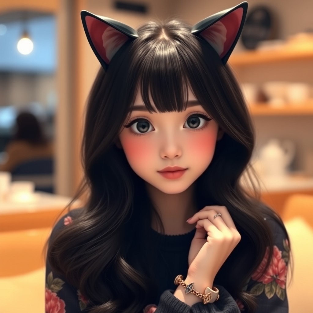 A portrait of a beautiful girl with long, wavy black hair and soft front bangs