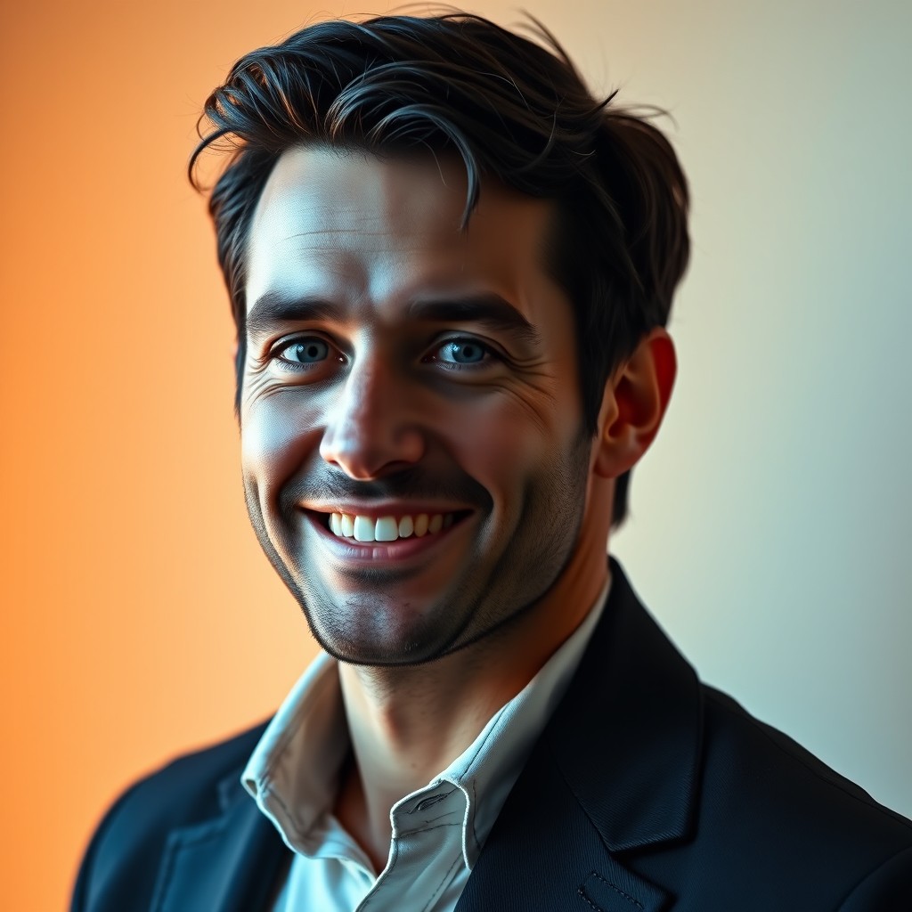 A striking portrait of a man named Denis, with sharp features and a charismatic smile