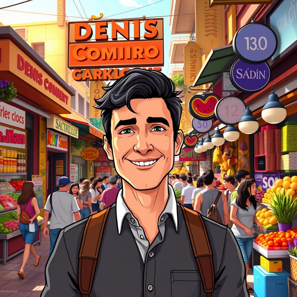 A bustling street scene depicting Denis Commerce, a vibrant marketplace filled with various shops and stalls
