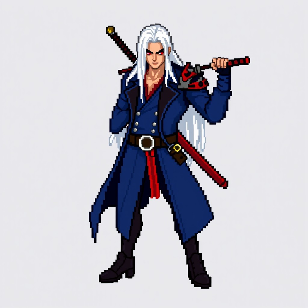 A pixel art representation of Virgil from Devil May Cry, featuring detailed pixelated design elements