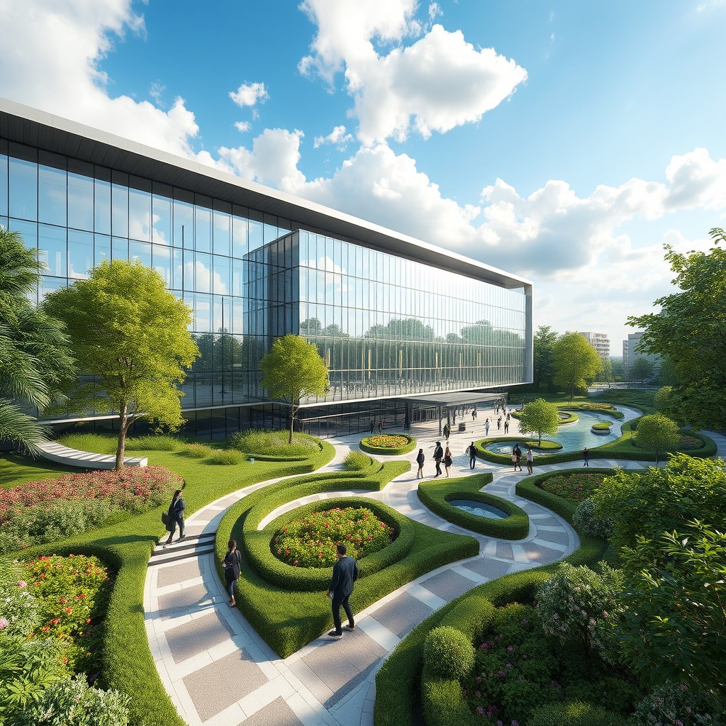 A stunning architectural visualization showcasing a modern building surrounded by lush gardens and intricate pathways