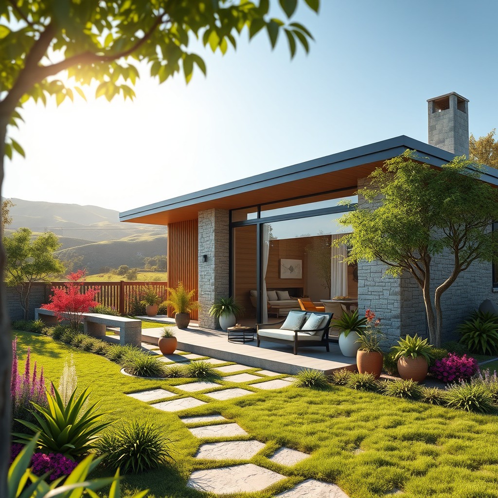 A captivating architectural visualization of a modern bungalow set amidst a beautiful, landscaped garden