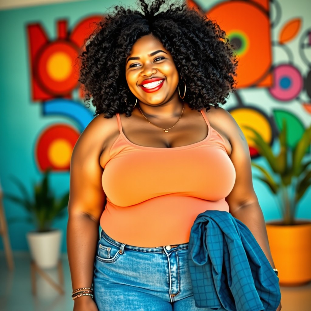 A confident plus-size woman with curly hair, showcasing her beauty and curves