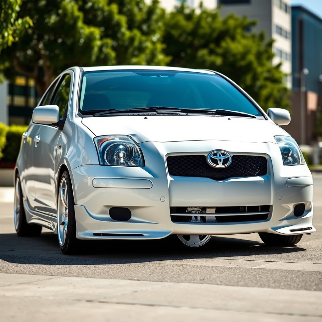 A meticulously tuned 2006 Toyota Yaris sedan, featuring an elegant 8-component pearlescent white paint job that shimmers under bright sunlight