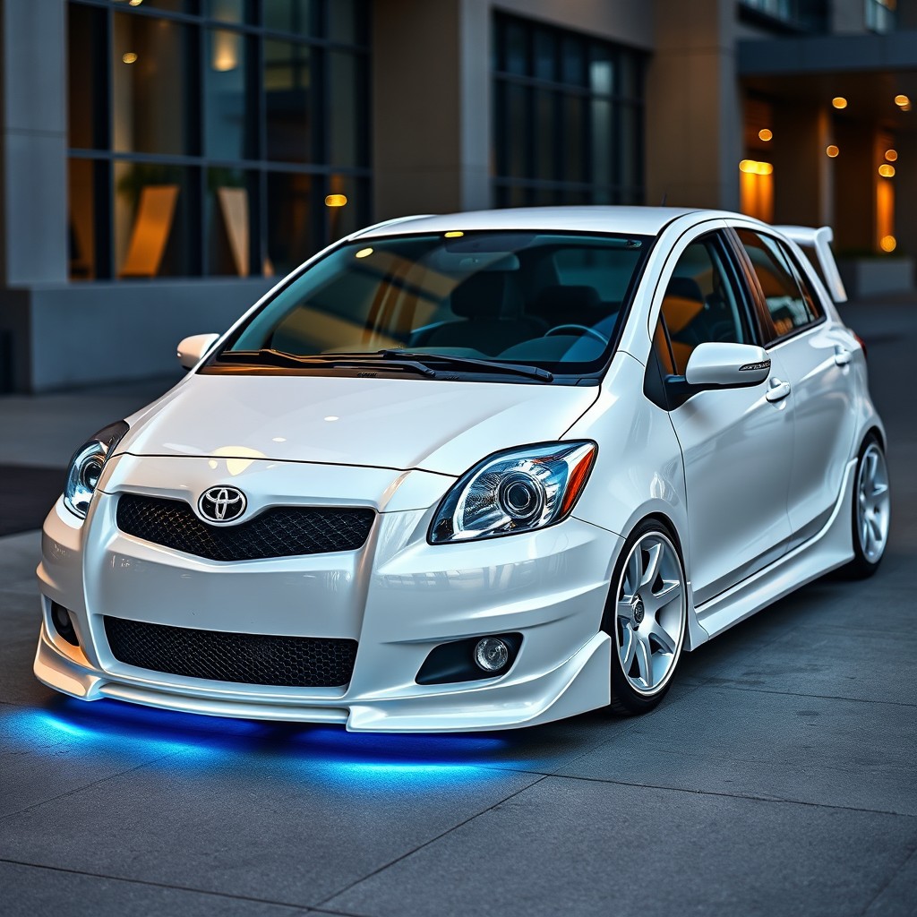 A meticulously tuned 2006 Toyota Yaris sedan, showcasing a glossy 8-component pearlescent white paint that radiates elegance under sunlight