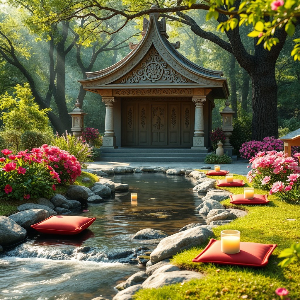 A serene and tranquil meditation site set in nature, featuring a peaceful temple surrounded by lush greenery, flowers in bloom, and a gentle stream flowing nearby