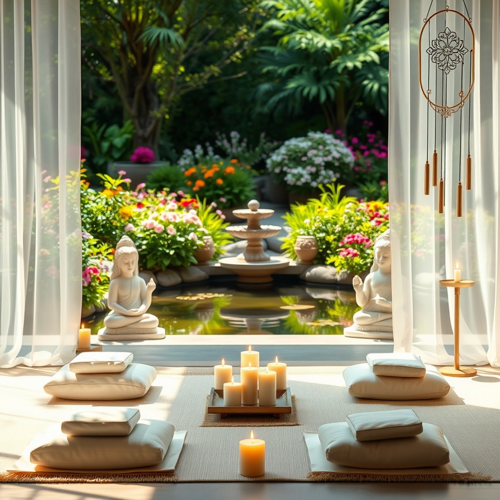 A serene and tranquil meditation space featuring beautiful natural elements such as a peaceful garden with lush greenery, colorful flowers, and a gentle water feature like a pond or fountain