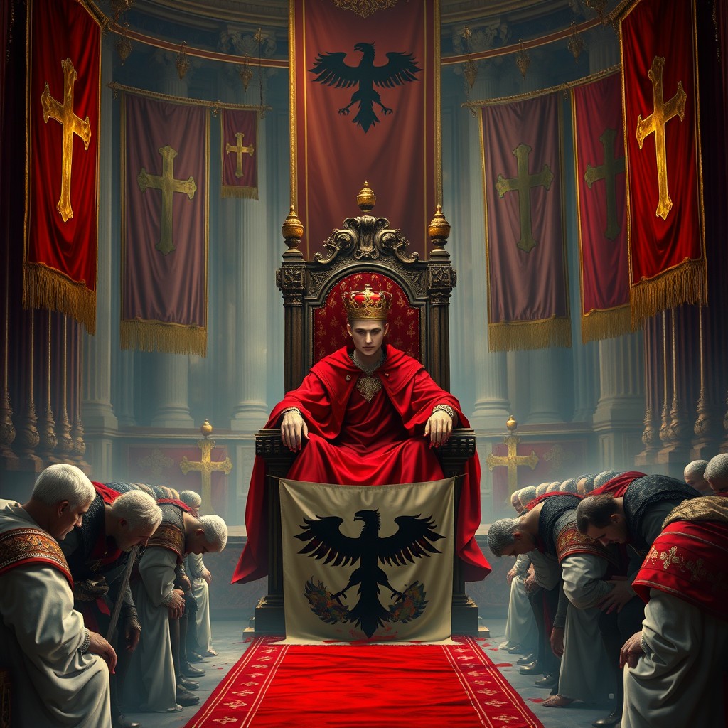 A grand throne room adorned with banners featuring large crosses hangs from the walls, creating a majestic yet somber atmosphere