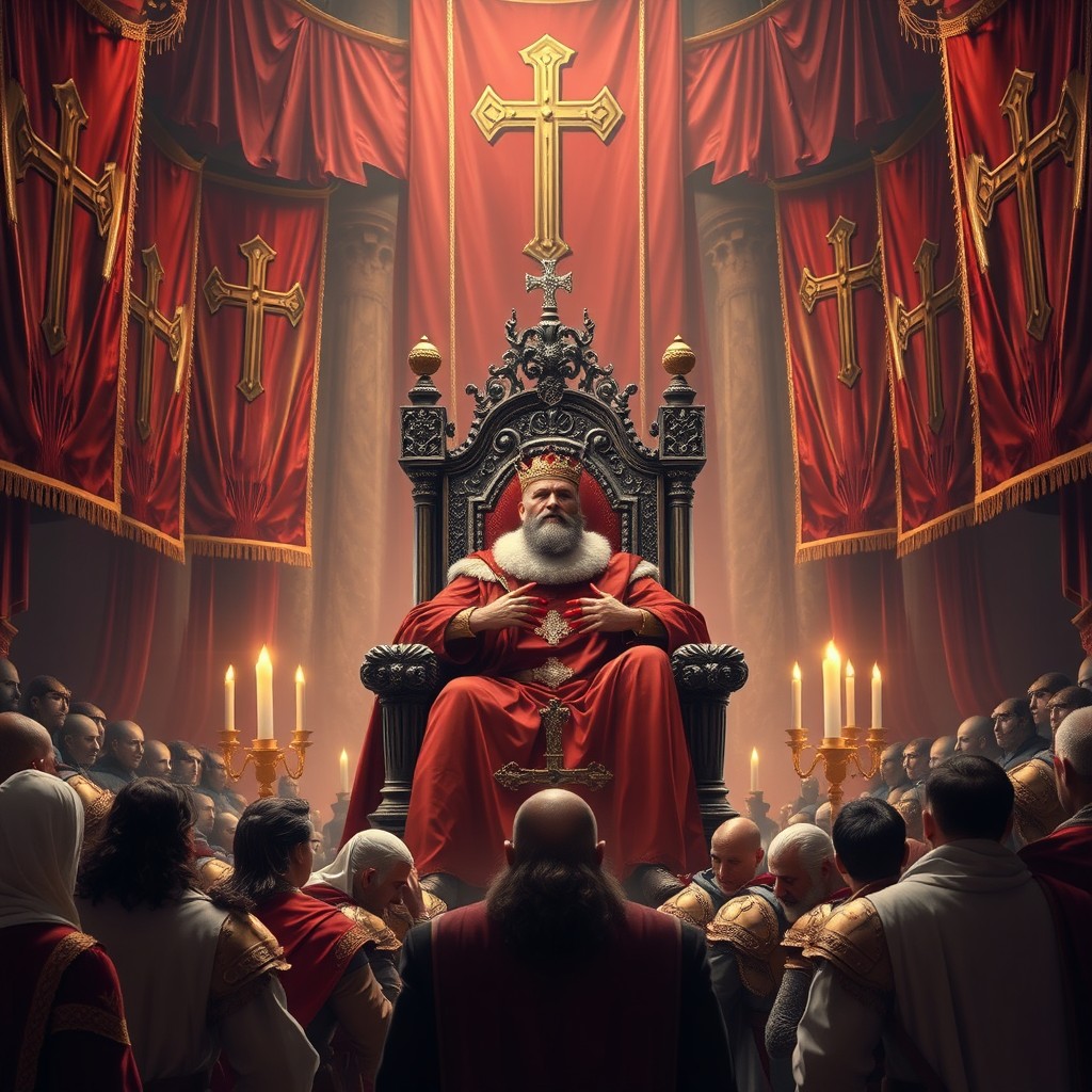A grand throne room lavishly decorated with banners featuring large crosses, creating a powerful and imposing atmosphere