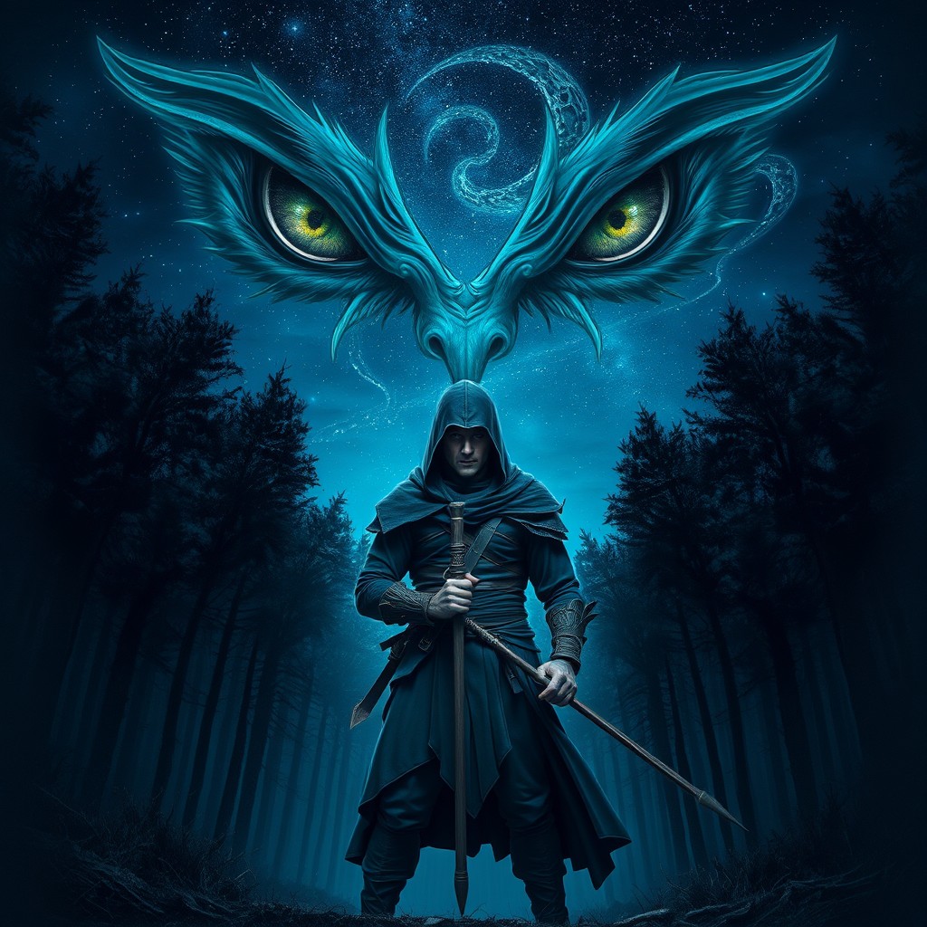 A warrior clad in dark blue attire stands confidently at the entrance of a mysterious night forest, holding a spear ready for action