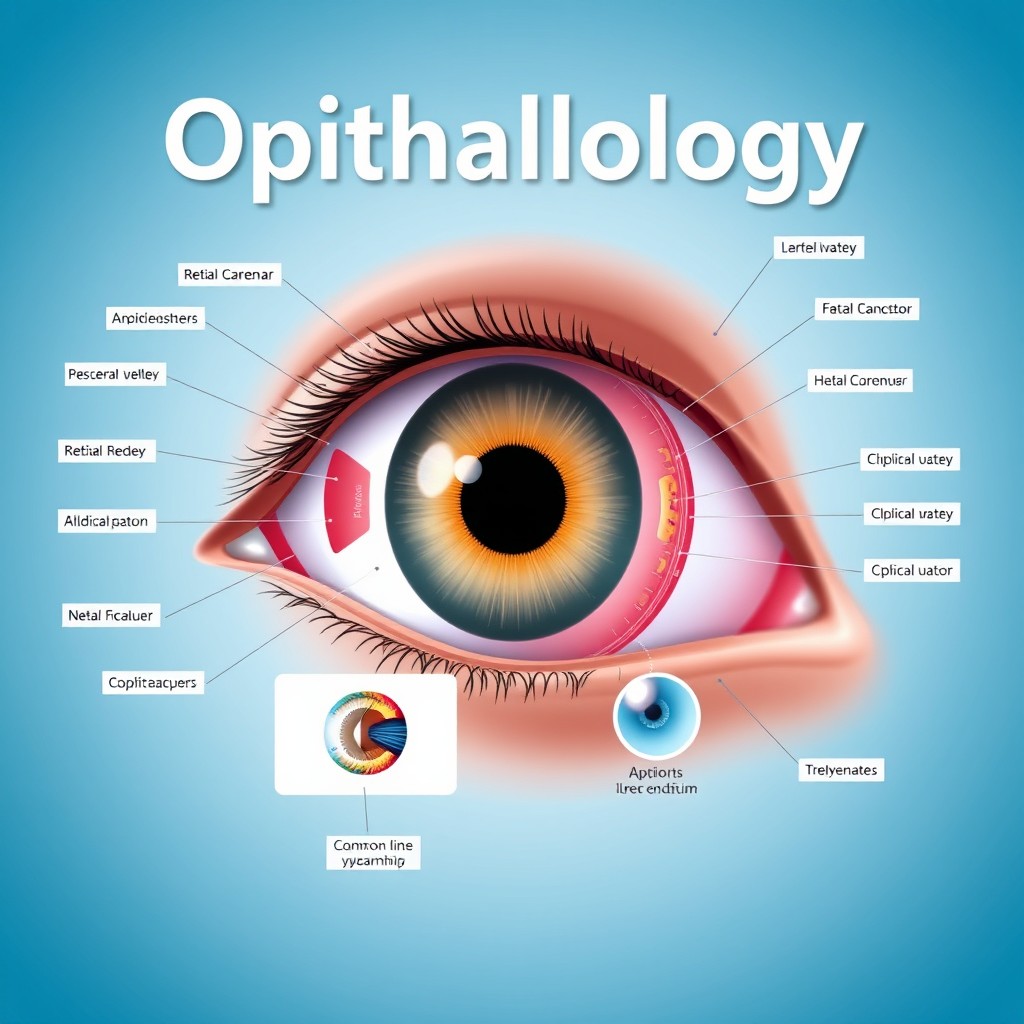 A high-quality and professional presentation image for Ophthalmology, featuring a detailed depiction of an eye, showcasing various components such as the cornea, iris, lens, and retina