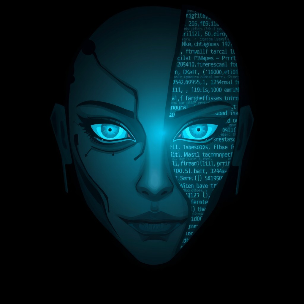 A stylized, emotionless face of a digital intelligence, designed with half-human, half-machine features