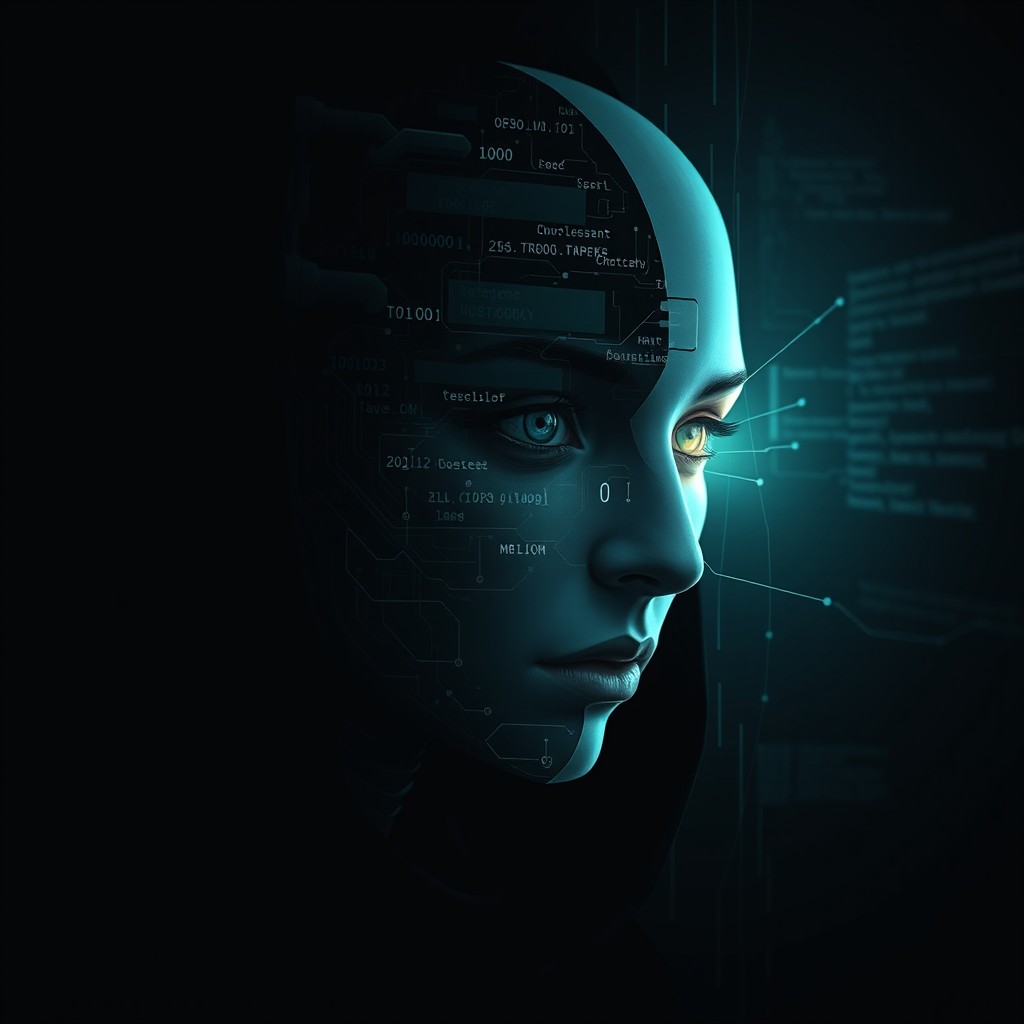 A stylized, emotionless face of a digital intelligence, designed with half-human, half-machine features, titled "Цифровий слід"