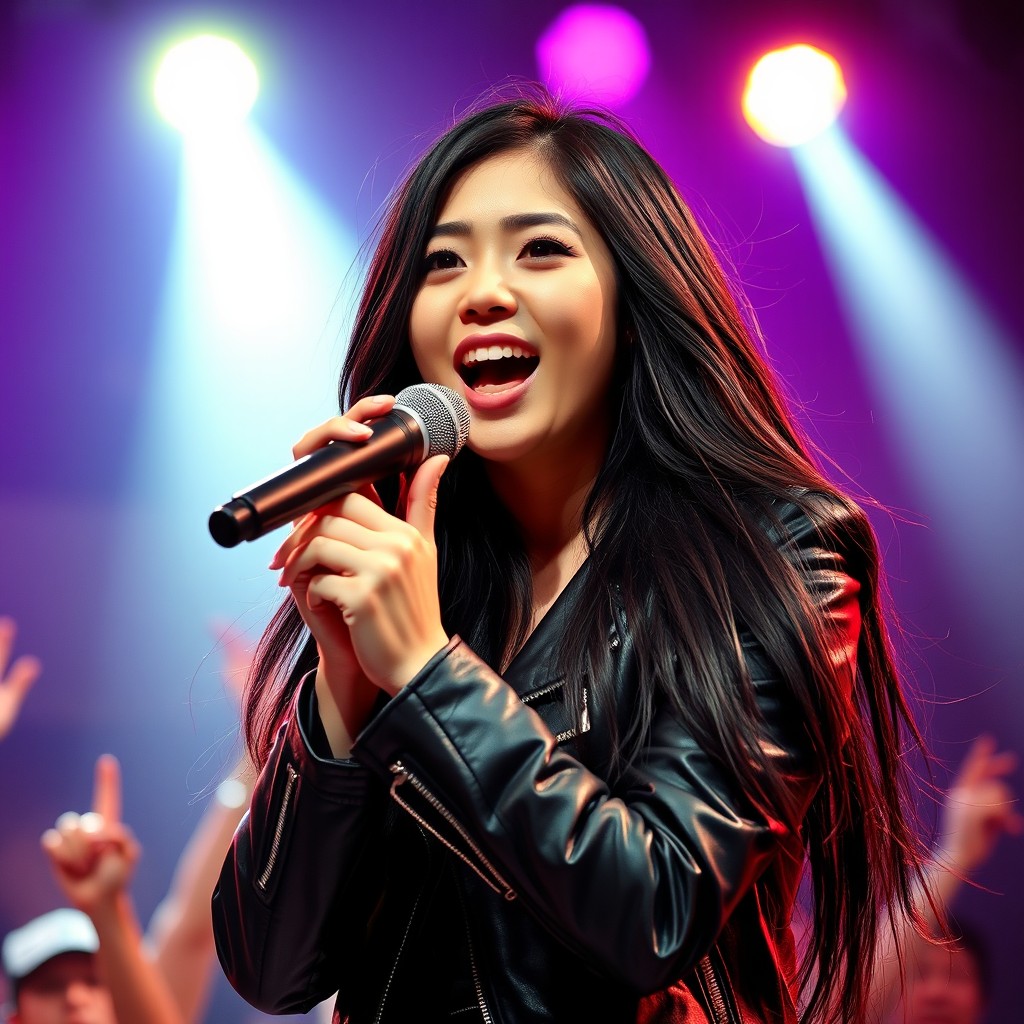 A stunning half French half Asian girl with long black hair and striking dark eyes, wearing a stylish black biker jacket