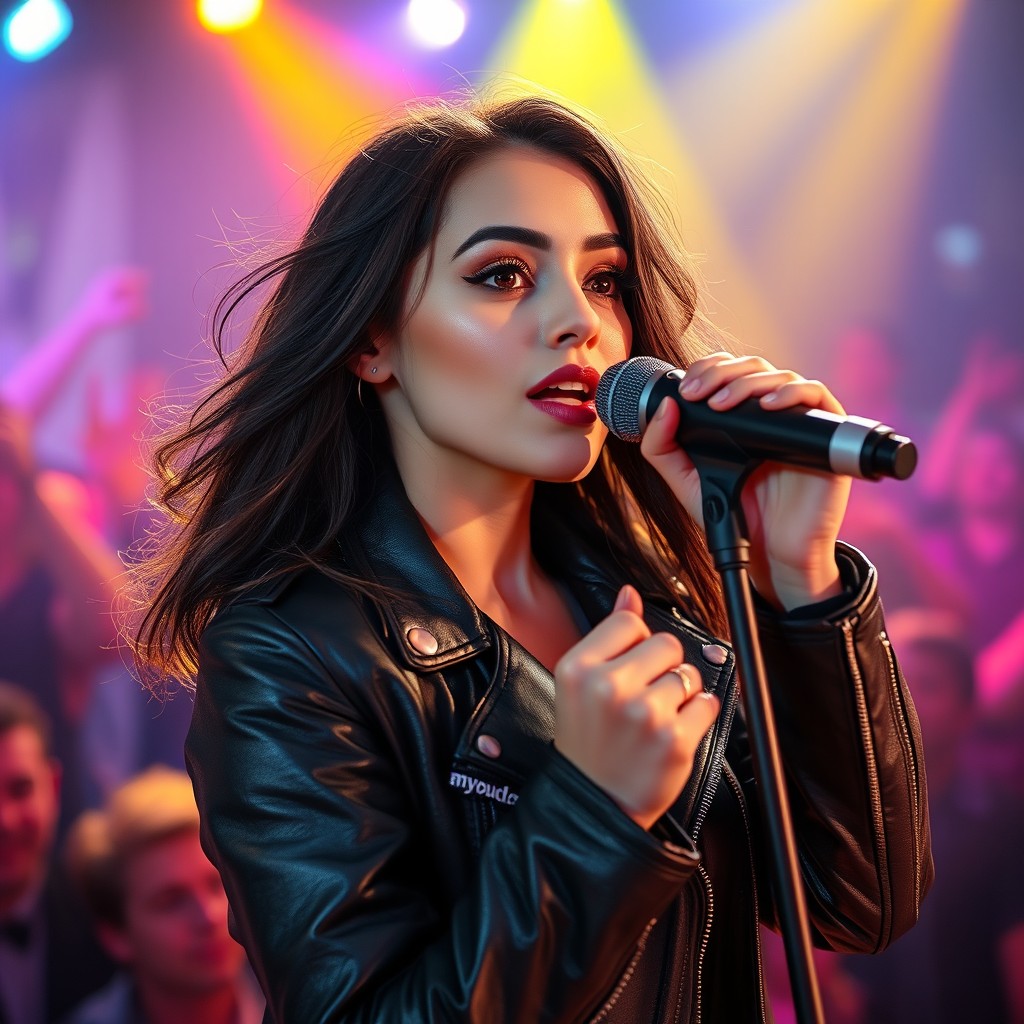 A beautiful French girl with striking features, deep black eyes, wearing a stylish biker jacket