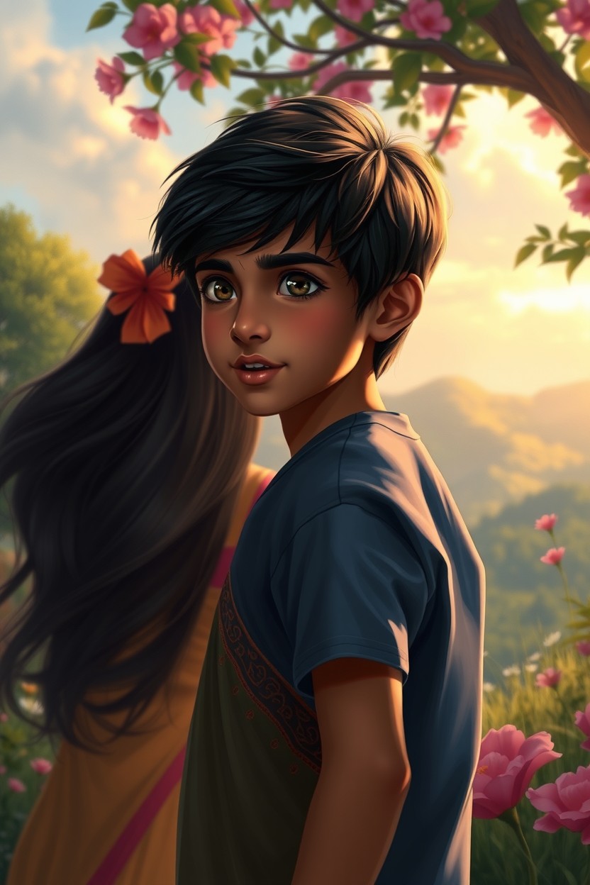 A beautiful digital painting depicting a young Indian boy with dark hair and expressive eyes, standing in a picturesque setting, gazing longingly as he waits for an Indian girl