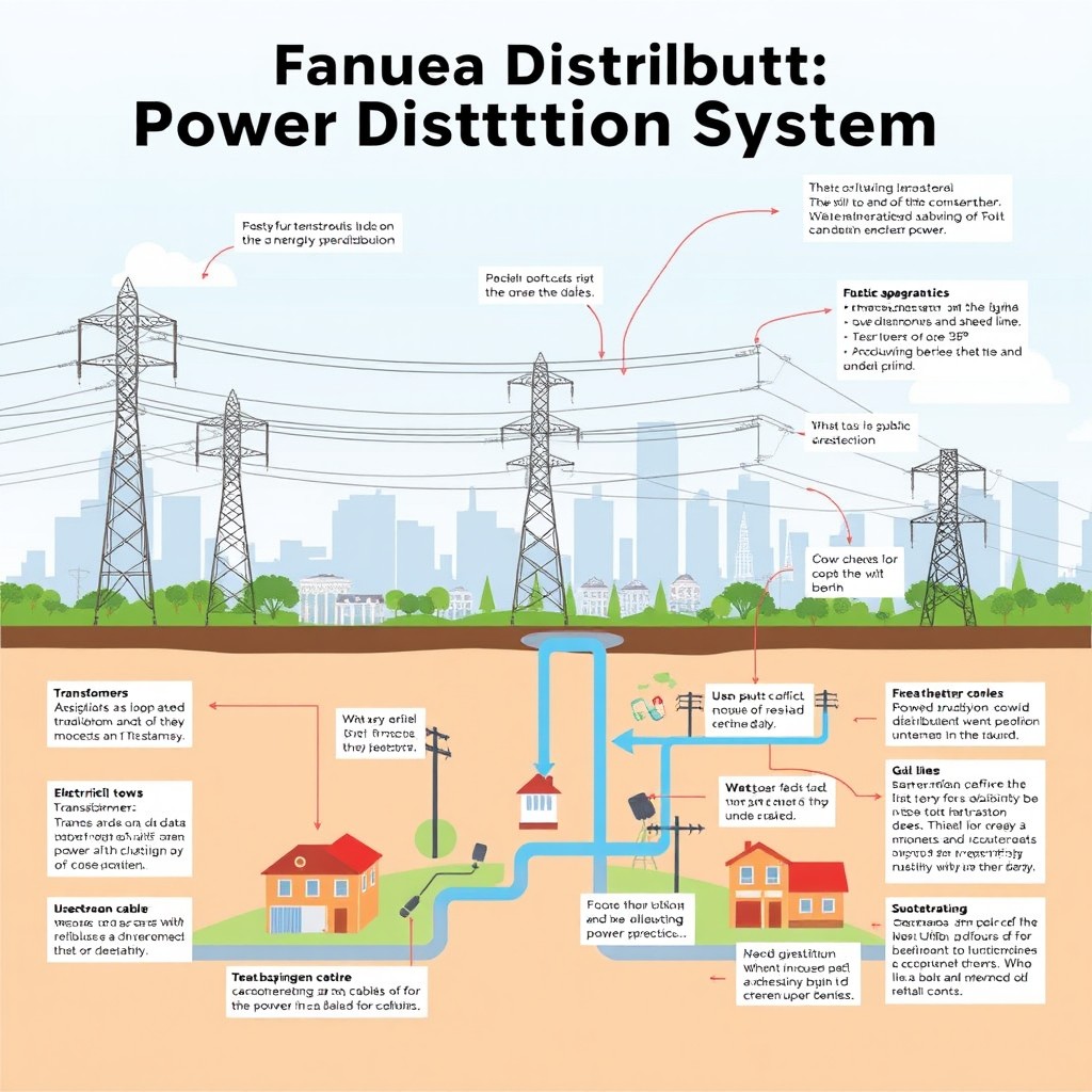 An informative and visually engaging illustration showcasing the theory and practice of electrical power distribution systems