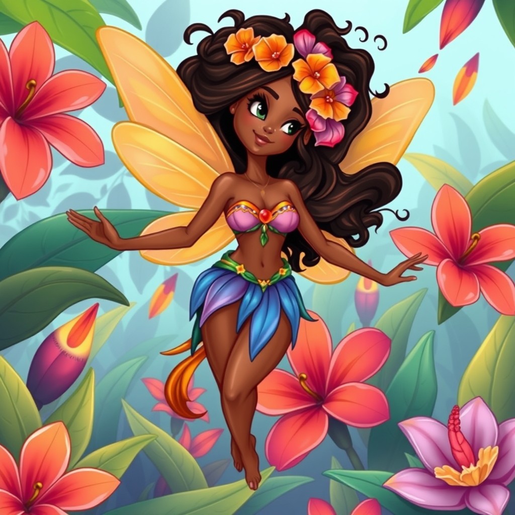 An adult Brazilian fairy woman with warm brown skin, adorned in the vibrant colors of Brazil