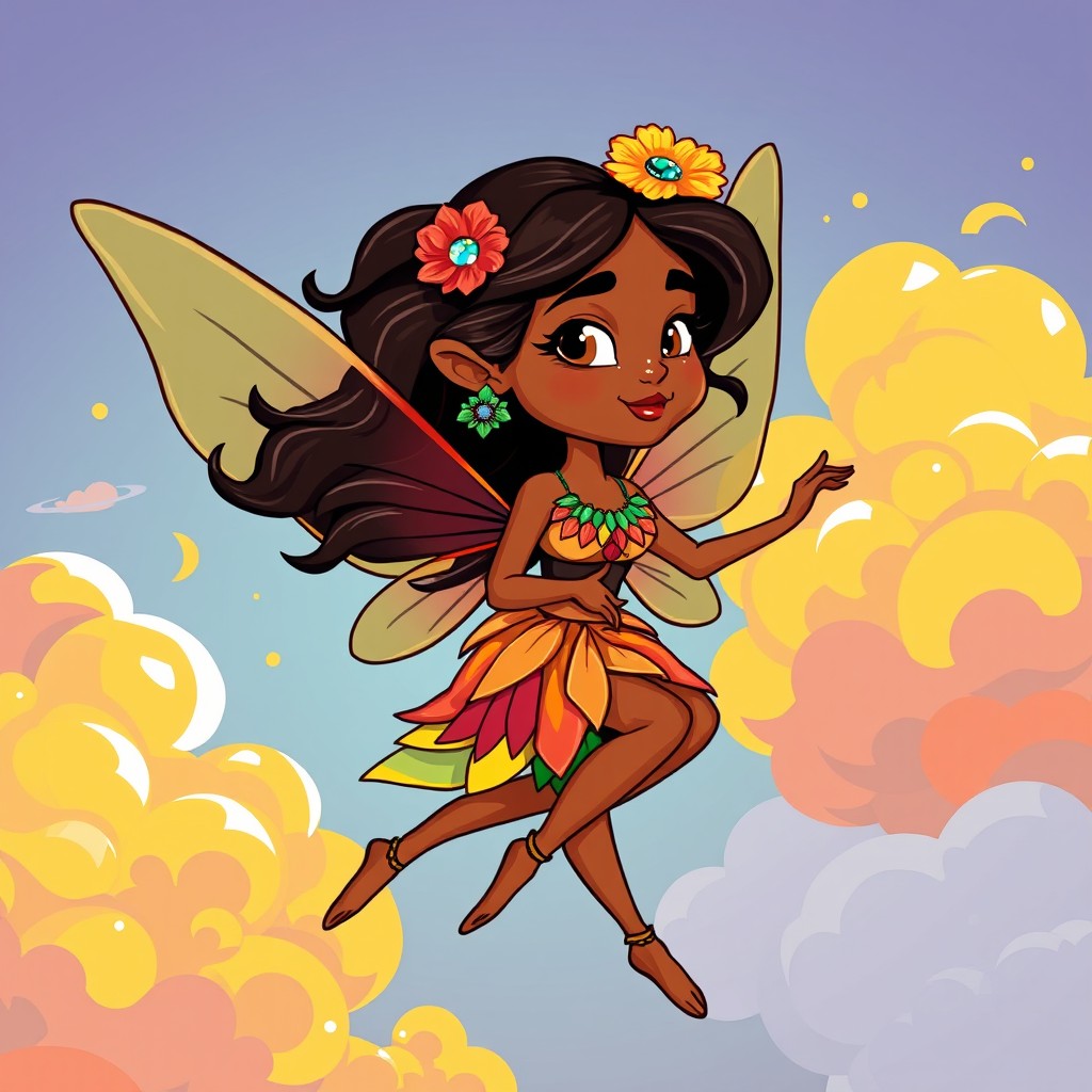 An adult Brazilian fairy woman with warm brown skin, adorned in the vibrant colors of Brazil, floating gracefully among colorful clouds