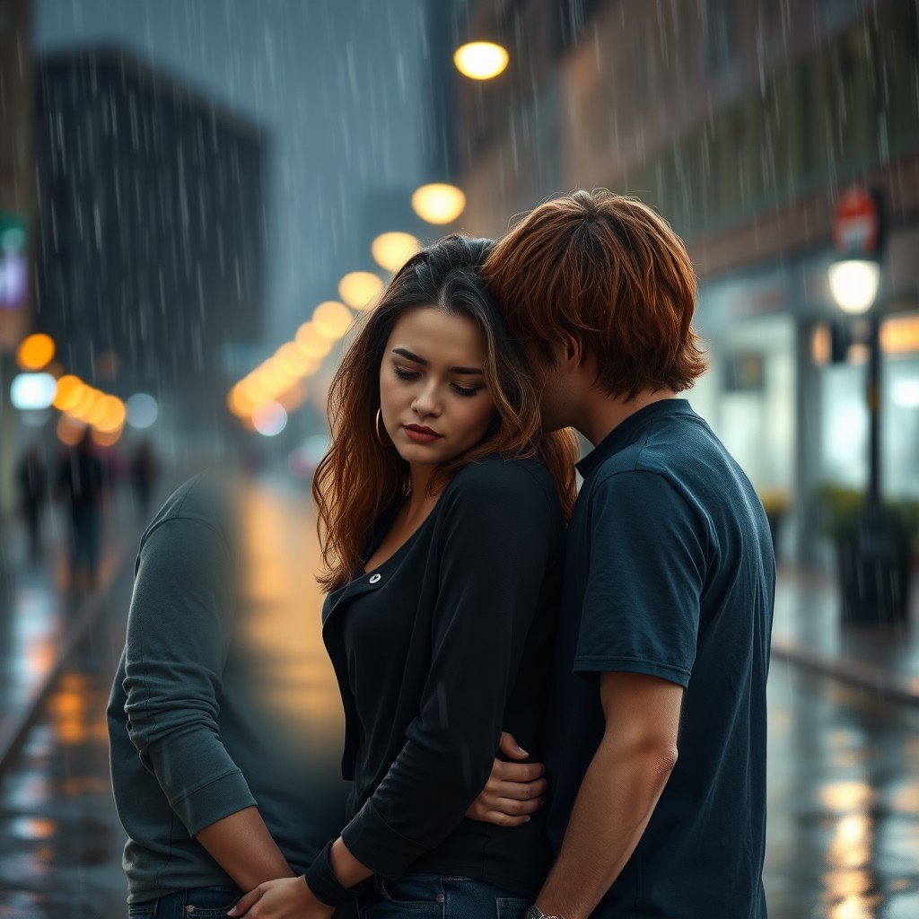 A scene depicting two couples standing under the gentle light rain, showcasing their expressions of sadness