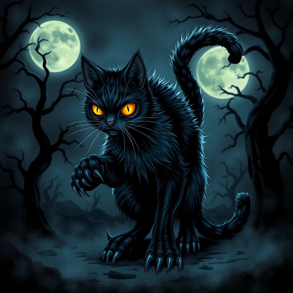A horror-themed cat, featuring glowing eyes, sharp claws, and eerie fur that stands on end, surrounded by a misty, dark environment