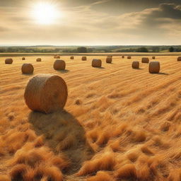 A striking image of a sprawling field dotted with golden haystacks basking under the warm sun.