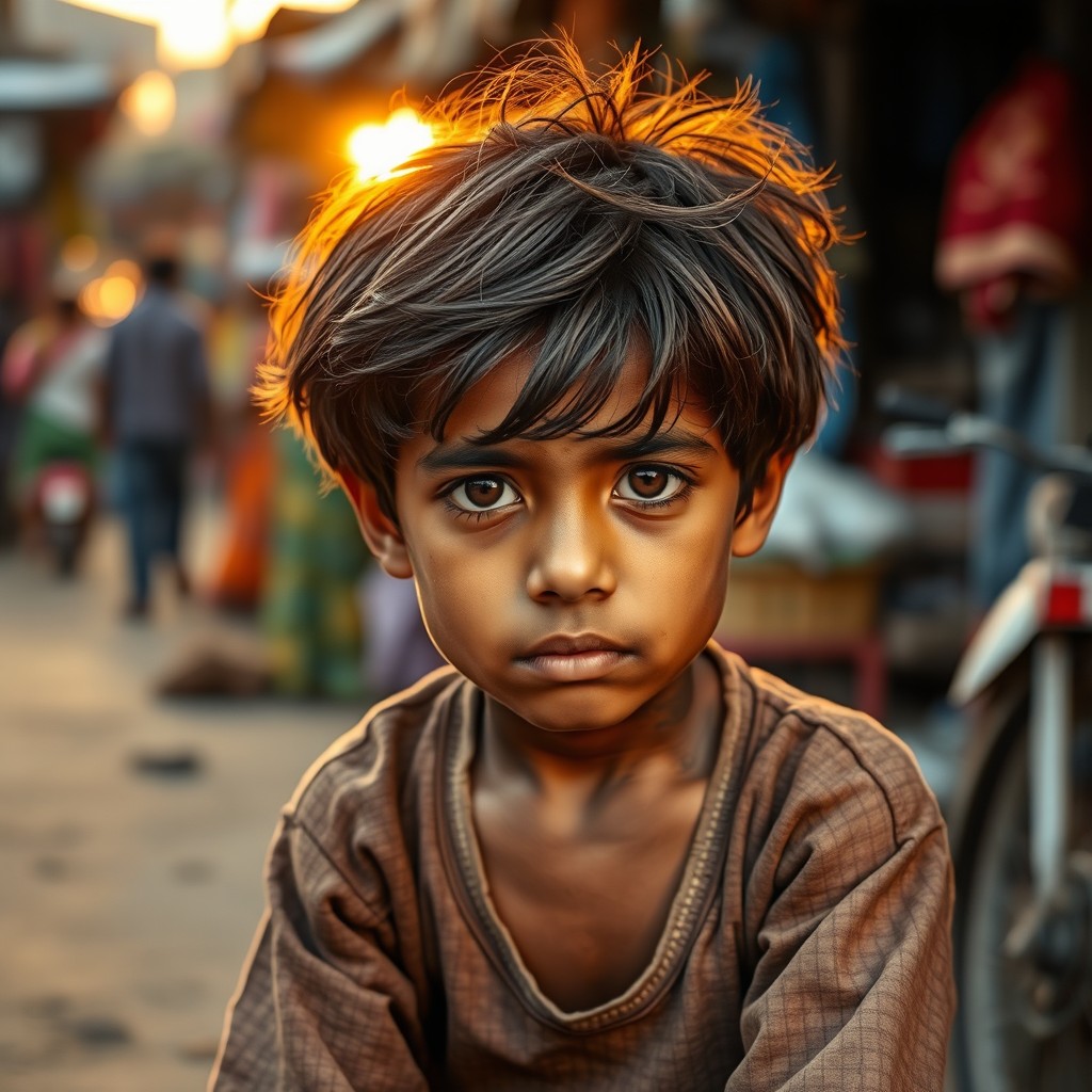 A young Indian boy with a sad expression, sitting alone on the streets