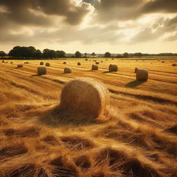 A striking image of a sprawling field dotted with golden haystacks basking under the warm sun.