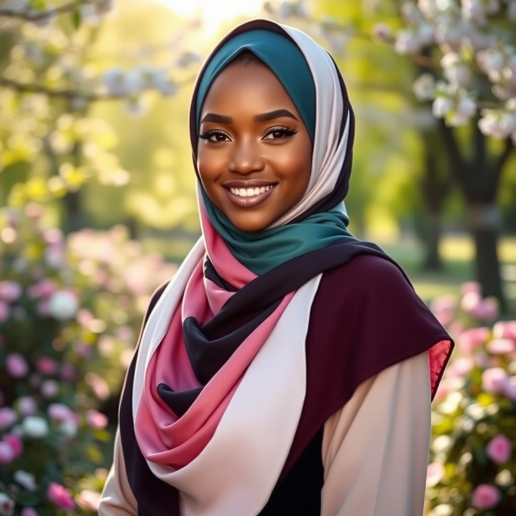 A beautiful woman wearing a stylish, colorful hijab, elegantly draped
