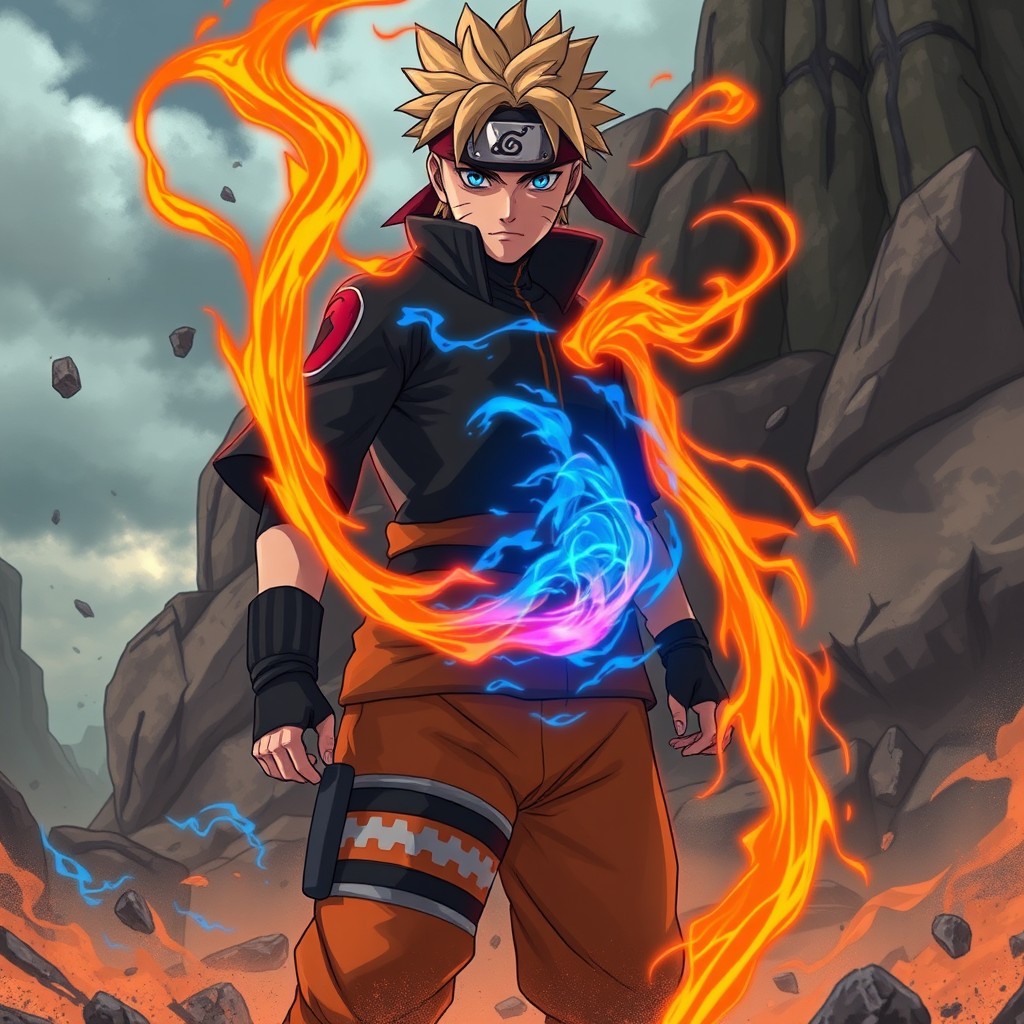A dynamic and intense scene featuring a character resembling Naruto from a popular anime, with vibrant, swirling chakra visibly leaking from his body in bright orange and blue hues, the chakra creating an otherworldly aura around him