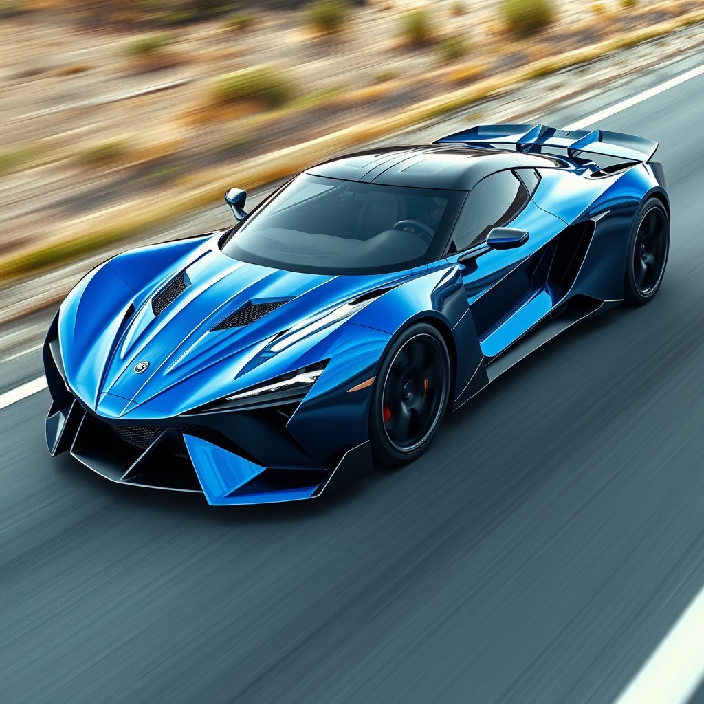 A sleek, futuristic sports car featuring a biturbo engine with a displacement of 2